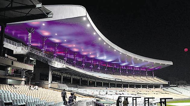 Eden Garden was illuminated with pink light ahead of India'a first pink ball test match, in Kolkata. (HT Photo) Eden Garden was illuminated with pink light ahead of India'a first pink ball test match, in Kolkata. (HT Photo)