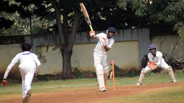 Sudarshan Kunhar of Aryans Academy getting bowled by Akshat Singh in the final of the Under-14 Varroc Cup at Vengsarkar Cricket Academy in Pune ,on Friday. (HT PHOTO) Sudarshan Kunhar of Aryans Academy getting bowled by Akshat Singh in the final of the Under-14 Varroc Cup at Vengsarkar Cricket Academy in Pune ,on Friday. (HT PHOTO)