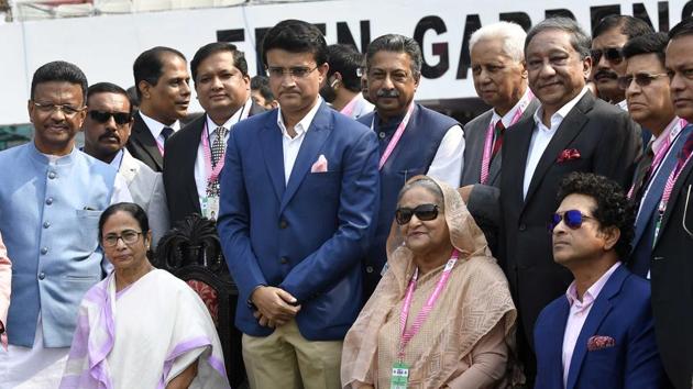 Chief Minister of West Bengal Mamata Banerjee, BCCI President Sourav Ganguly, Prime Minister of Bangladesh Sheikh Hasina, former cricketer Sachin Tendulkar.(HT Photo/ Samir Jana)