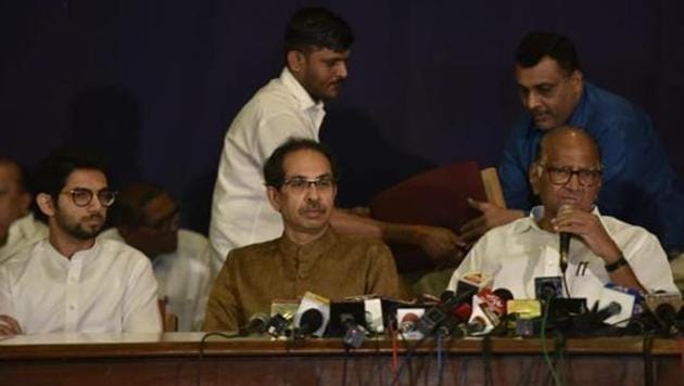 In a joint briefing with Shiv Sena’s Uddhav Thackeray, NCP chief Sharad Pawar said that 10 to 11 NCP MLAs have gone with Ajit Pawar. (Anshuman Poyrekar/HT Photo) In a joint briefing with Shiv Sena’s Uddhav Thackeray, NCP chief Sharad Pawar said that 10 to 11 NCP MLAs have gone with Ajit Pawar. (Anshuman Poyrekar/HT Photo)