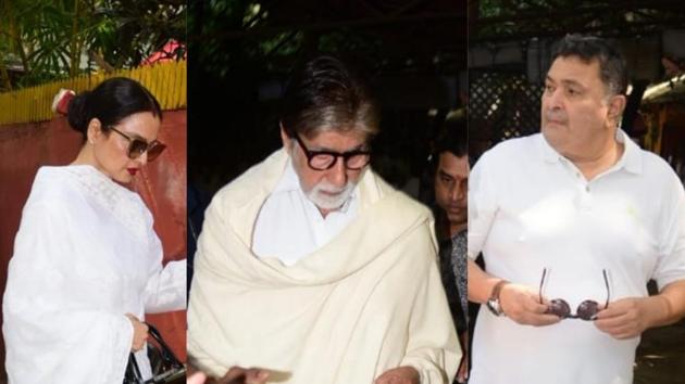 Amitabh Bachchan, Rekha and Rishi Kapoor arrive for Shaukat Kaifi’s prayer meet at her residence in Mumbai.(Varinder Chawla)