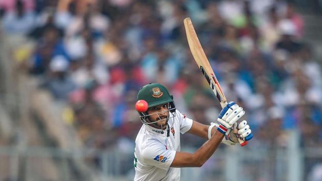 Bangladeshi batsman Nayeem Hasan plays a shot during the 1st pink-ball day/night cricket test match between India and Bangladesh, at Eden Gardens in Kolkata, West Bengal. The two teams are playing with the pink ball for the first time. The first four days of the game are also sold out. (Swapan Mahapatra / PTI)