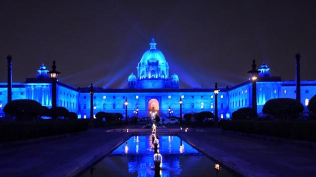 Rashtrapati Bhawan is illuminated with blue lights as a part of the Rights of the Child (CRC) 30 years celebrations, in New Delhi. UNICEF will be running a global #GoBlue campaign to draw public attention towards child rights. (Sanchit Khanna / HT Photo)