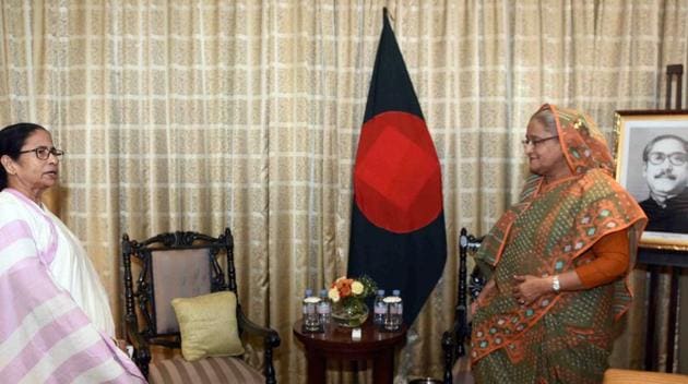 Bangladesh Prime Minister Sheikh Hasina with West Bengal Chief Minister Mamata Banerjee during a meeting in Kolkata, West Bengal. Hasina, who arrived in Kolkata on Friday morning, inaugurated the first ever pink-ball Test match between the two teams at Eden Gardens stadium. She was received by Board for Control of Cricket in India (BCCI) president Sourav Ganguly at the airport. (PTI)
