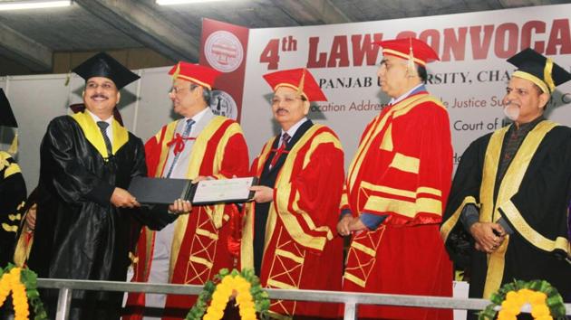Former Vikram Singh being awarded law degree at Panjab University in Chandigarh on Saturday. (HT Photo) Former Vikram Singh being awarded law degree at Panjab University in Chandigarh on Saturday. (HT Photo)