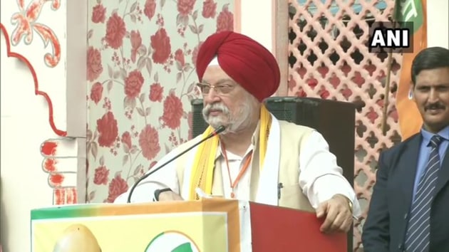 Union Minister Hardeep Singh Puri at a public meeting in North East Delhi on Sunday. (ANI) Union Minister Hardeep Singh Puri at a public meeting in North East Delhi on Sunday. (ANI)