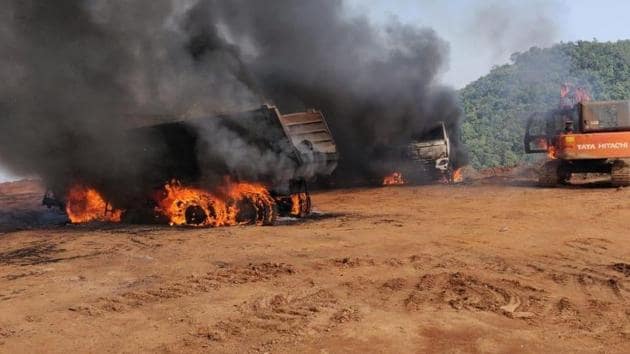 A total of nine vehicles were set ablaze in Kirandul mining area of the NMDC on Bailadila hills by Maoists.(PHOTO: POLICE SOURCES.)