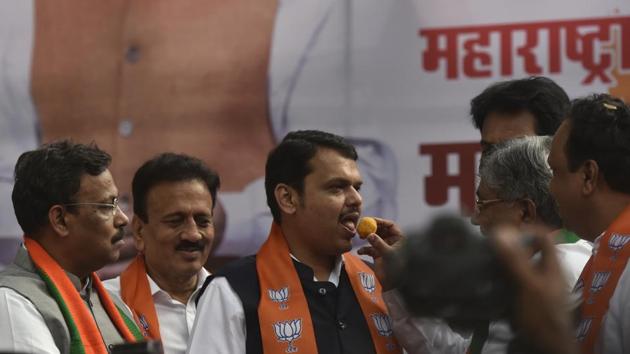CM Devendra Fadnavis along with party leaders at BJP office at Nariman point in Mumbai, India, on Saturday, November 23, 2019. (Photo by Kunal Patil/Hindustan Times) (Kunal Patil/HT Photo) CM Devendra Fadnavis along with party leaders at BJP office at Nariman point in Mumbai, India, on Saturday, November 23, 2019. (Photo by Kunal Patil/Hindustan Times) (Kunal Patil/HT Photo)