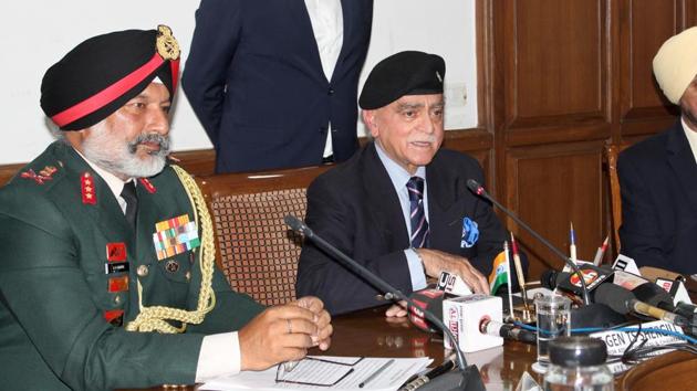 (From left) Lt Gen Gurpal Singh Sangha, chief of staff western command of the Indian Army and Lt Gen TS Shergill (retd) addressing media persons at Punjab Bhawan on Saturday. (HT Photo) (From left) Lt Gen Gurpal Singh Sangha, chief of staff western command of the Indian Army and Lt Gen TS Shergill (retd) addressing media persons at Punjab Bhawan on Saturday. (HT Photo)
