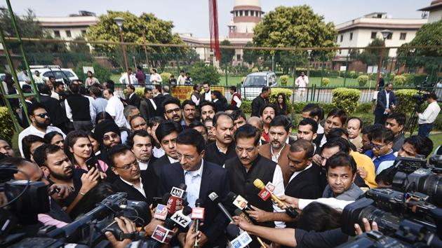 Senior Congress leaders Randeep Surjewala and Prithviraj Chavan address the media at Supreme Court, in New Delhi, Sunday, Nov. 24, 2019. (PTI) Senior Congress leaders Randeep Surjewala and Prithviraj Chavan address the media at Supreme Court, in New Delhi, Sunday, Nov. 24, 2019. (PTI)