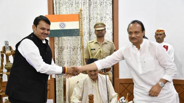Mumbai, India - Nov. 23, 2019:Devendra Fadnavis appointed as Maharashtra CM and Ajit pawar as Deputy CM in presence of Maharashtra governor Bhagat Singh Koshyari at Raj Bhavan in Mumbai, India, on Saturday, November 23, 2019. (HT PHOTO) Mumbai, India - Nov. 23, 2019:Devendra Fadnavis appointed as Maharashtra CM and Ajit pawar as Deputy CM in presence of Maharashtra governor Bhagat Singh Koshyari at Raj Bhavan in Mumbai, India, on Saturday, November 23, 2019. (HT PHOTO)