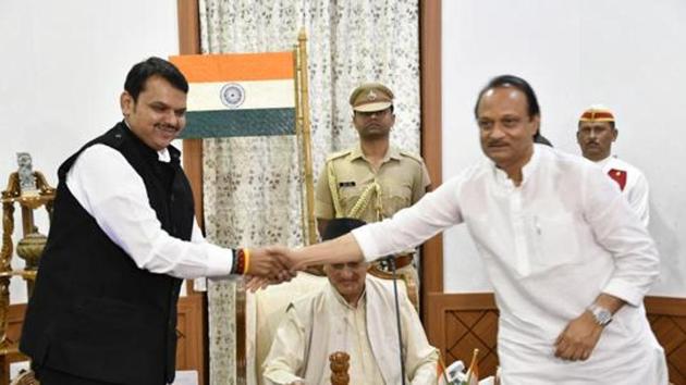 Mumbai, India - Nov. 23, 2019:Devendra Fadnavis appointed as Maharashtra CM and Ajit pawar as Deputy CM in presence of Maharashtra governor Bhagat Singh Koshyari at Raj Bhavan in Mumbai, India, on Saturday, November 23, 2019. (HT PHOTO) Mumbai, India - Nov. 23, 2019:Devendra Fadnavis appointed as Maharashtra CM and Ajit pawar as Deputy CM in presence of Maharashtra governor Bhagat Singh Koshyari at Raj Bhavan in Mumbai, India, on Saturday, November 23, 2019. (HT PHOTO)