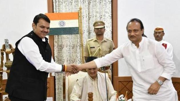 Mumbai, India - Nov. 23, 2019:Devendra Fadnavis appointed as Maharashtra CM and Ajit pawar as Deputy CM in presence of Maharashtra governor Bhagat Singh Koshyari at Raj Bhavan in Mumbai, India, on Saturday, November 23, 2019. (HT PHOTO) Mumbai, India - Nov. 23, 2019:Devendra Fadnavis appointed as Maharashtra CM and Ajit pawar as Deputy CM in presence of Maharashtra governor Bhagat Singh Koshyari at Raj Bhavan in Mumbai, India, on Saturday, November 23, 2019. (HT PHOTO)