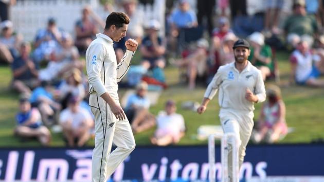 Mitchell Santner celebrates the wicket of England's Rory Burns (REUTERS) Mitchell Santner celebrates the wicket of England's Rory Burns (REUTERS)