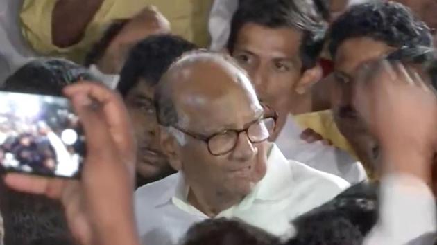 NCP chief Sharad Pawar. leaves after a meeting with party MLAs at YB Chavan Center in Mumbai on Saturday. (ANI Photo)