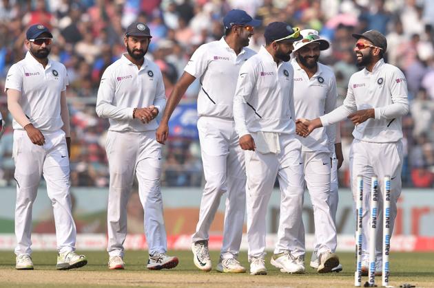 Indian players celebrate after their win in the 1st pink ball Test match. (PTI)