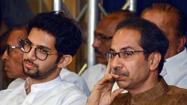 Shiv Sena Chief Uddhav Thackeray with son and Yuva Sena chief Aaditya Thackeray during a joint press conference with NCP chief Sharad Pawar (unseen), in Mumbai on Saturday. (PTI) Shiv Sena Chief Uddhav Thackeray with son and Yuva Sena chief Aaditya Thackeray during a joint press conference with NCP chief Sharad Pawar (unseen), in Mumbai on Saturday. (PTI)