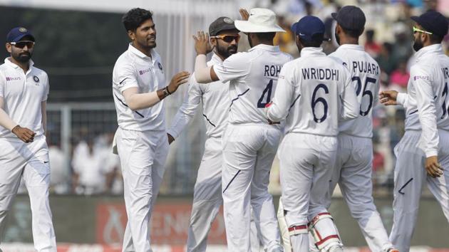 Virat Kohli, right, and other teammates congratulate Umesh Yadav, second left, for the dismissal of Bangladesh's Ebadot Hossain. (AP) Virat Kohli, right, and other teammates congratulate Umesh Yadav, second left, for the dismissal of Bangladesh's Ebadot Hossain. (AP)