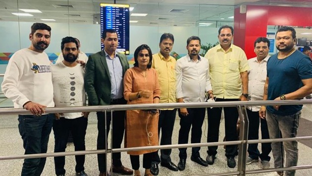 2 out of the 4 MLAs of NCP - Anil Patil (3rd from right in the picture, in yellow shirt) & Daulat Daroda (5th from right in the picture, in yellow shirt), who were reportedly missing, have been brought to Mumbai from Delhi. The 2 MLAs were staying in a hotel in Haryana’s Gurugram. (ANI) 2 out of the 4 MLAs of NCP - Anil Patil (3rd from right in the picture, in yellow shirt) & Daulat Daroda (5th from right in the picture, in yellow shirt), who were reportedly missing, have been brought to Mumbai from Delhi. The 2 MLAs were staying in a hotel in Haryana’s Gurugram. (ANI)
