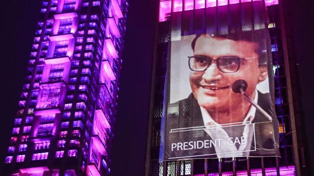 An illuminated building displays an image of BCCI President Sourav Ganguly. (PTI) An illuminated building displays an image of BCCI President Sourav Ganguly. (PTI)