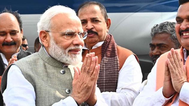 Prime Minister Narendra Modi spoke about the many schemes started by his government, said the Congress had deliberately kept the Ayodhya dispute over Lord Ram’s birthplace hanging fire for decades.(PTI) Prime Minister Narendra Modi spoke about the many schemes started by his government, said the Congress had deliberately kept the Ayodhya dispute over Lord Ram’s birthplace hanging fire for decades.(PTI)