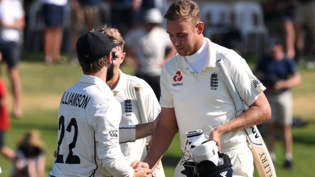 England's Stuart Broad shakes hands with New Zealand's Kane Williamson(REUTERS)