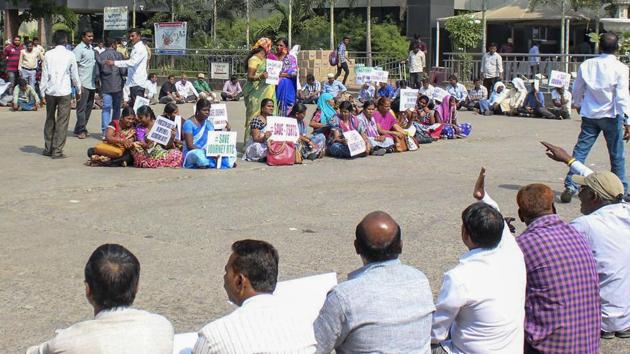 Employees of Telangana State Road Transport Corporation (TSRTC) during their ongoing strike, in Secunderabad, Monday, Nov. 25, 2019. (PTI file photo) Employees of Telangana State Road Transport Corporation (TSRTC) during their ongoing strike, in Secunderabad, Monday, Nov. 25, 2019. (PTI file photo)