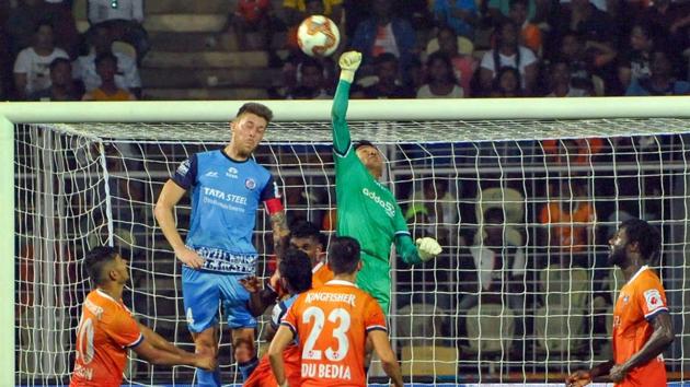 Panaji: Players of Jamshedpur FC in action against Goa during the 6th edition of ISL at Nehru Stadium in Panaji, Goa, Tuesday, Nov. 26, 2019.(PTI)