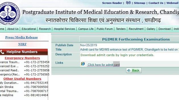 PGIMER Admit card 2020 for MD/MS entrance exam released. (Screengrab) PGIMER Admit card 2020 for MD/MS entrance exam released. (Screengrab)