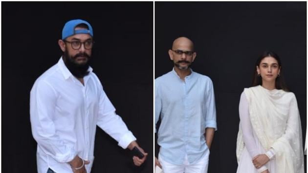 Aamir Khan and his Thugs of Hindostan director Vijay Krishna Acharya at Shaukat Kaifi’s prayer meet.(Varinder Chawla)