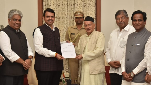 CM Devendra Fadnavis submits his resignation to Maharashtra Governer Bhagat Singh Koshyari on Nov 26, 2019. (HT photo) CM Devendra Fadnavis submits his resignation to Maharashtra Governer Bhagat Singh Koshyari on Nov 26, 2019. (HT photo)