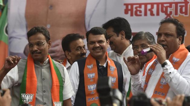 Mumbai, India - Nov. 23, 2019: CM Devendra Fadnavis along with party leaders at BJP office at Nariman point in Mumbai, India, on Saturday, November 23, 2019. (Photo by Kunal Patil/Hindustan Times)(Kunal Patil/HT Photo) Mumbai, India - Nov. 23, 2019: CM Devendra Fadnavis along with party leaders at BJP office at Nariman point in Mumbai, India, on Saturday, November 23, 2019. (Photo by Kunal Patil/Hindustan Times)(Kunal Patil/HT Photo)