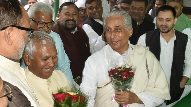 RJD leader Jagdanand Singh (on right, in shawl) after filling nomination for Bihar unit president at party office in Patna, Monday Nov25,2019.(Santosh Kumar / HT Photo)