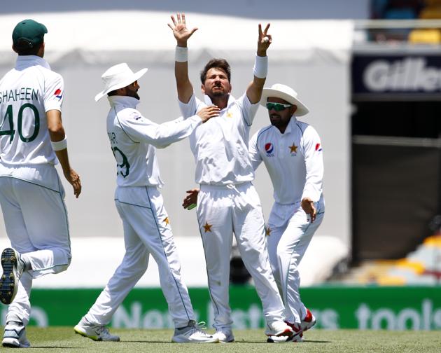 Pakistan's Yasir Shah, center, celebrates after he got the wicket of Australia's Steve Smith during their cricket test match in Brisbane, Australia, Saturday, Nov. 23, 2019. (AP) Pakistan's Yasir Shah, center, celebrates after he got the wicket of Australia's Steve Smith during their cricket test match in Brisbane, Australia, Saturday, Nov. 23, 2019. (AP)