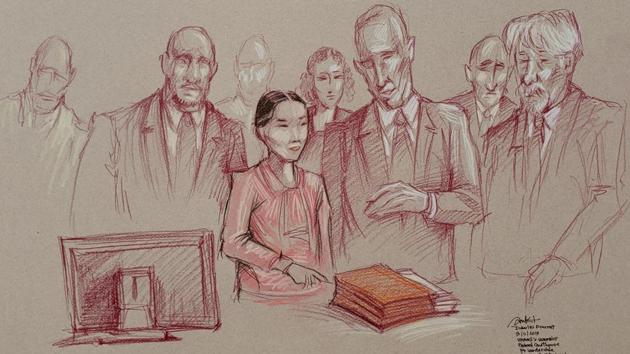 Yujing Zhang, 33, flanked by two U.S. marshals, stands to leave after she was found guilty of lying to a federal officer and trespassing at U.S.President Donald Trump's Mar-a-Lago resort, in a sketch made at U.S. District Court in Fort Lauderdale, Florida.(via REUTERS)