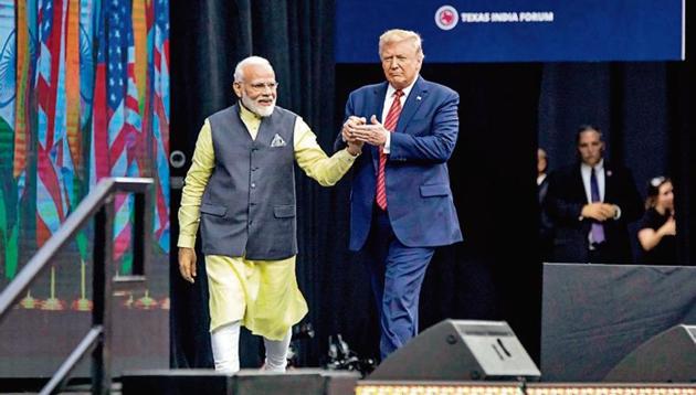 Prime Minister Narendra Modi and United States President Donald Trump during the Howdy Modi Community Summit in Texas, US, in September.(GETTY IMAGES)