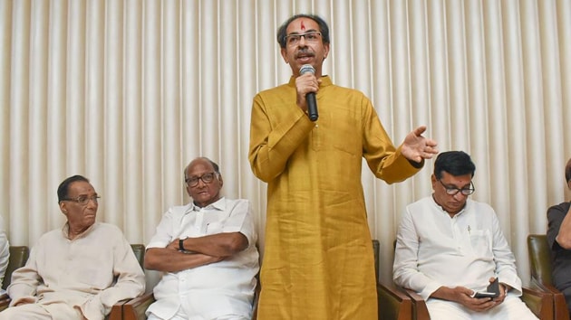 Shiv Sena President Uddhav Thackeray speaks after he was chosen as the nominee for Maharashtra chief minister’s post by Shiv Sena-NCP-Congress alliance, during a meeting in Mumbai.(PTI photo)