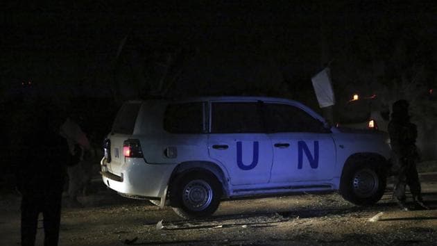 Afghan security personnel arrive at the site of explosion in Kabul, Afghanistan, Sunday, Nov. 24, 2019. An Afghan official said a blast in that capital Kabul targeting a United Nations vehicle has left at least 1 person dead.(AP)