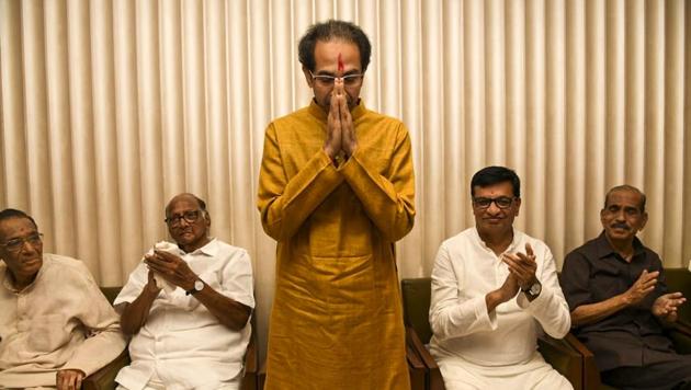 Shiv Sena chief Uddhav Thackeray after he was selected as the chief ministerial candidate by the Maha Vikas Aghadi (MVA) coalition of the Shiv Sena, NCP and Congress at Trident hotel, in Mumbai on November 26, 2019. The MVA is the latest contender to staking a claim to the state government after over a month speculation over fragmented results from the October 21 Vidhan Sabha polls. (HT Photo)