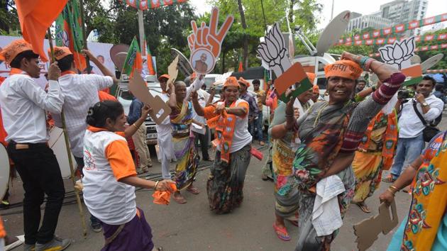 Celebrations outside BJP office Nariman point in Mumbai, on Thursday, October 24, 2019. The 2019 Maharashtra Legislative Assembly election was held on October 21, to elect 288 members. Of these the Bharatiya Janta Party (BJP) won 105 seats, Shiv Sena won 56, Nationalist Congress Party (NCP) won 54 while Indian National Congress won 44. (Vijayanand Gupta / HT Photo)