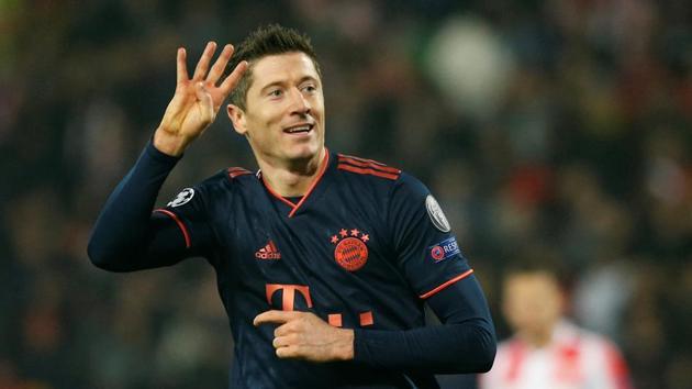 Bayern Munich's Robert Lewandowski celebrates scoring their fifth goal and his fourth.(REUTERS)