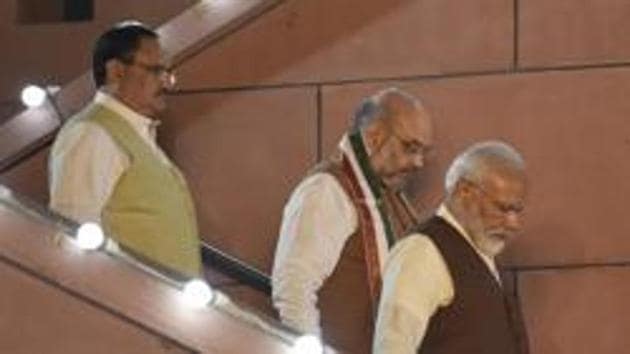 The decisions to give up the claim to form the government in Maharashtra and for Devendra Fadnavis to resign from the post of chief minister were taken at a meeting between Prime Minister Narendra Modi, union home minister Amit Shah and the working president of the Bharatiya Janata Party (BJP), JP Nadda(Burhaan Kinu/HT PHOTO) The decisions to give up the claim to form the government in Maharashtra and for Devendra Fadnavis to resign from the post of chief minister were taken at a meeting between Prime Minister Narendra Modi, union home minister Amit Shah and the working president of the Bharatiya Janata Party (BJP), JP Nadda(Burhaan Kinu/HT PHOTO)