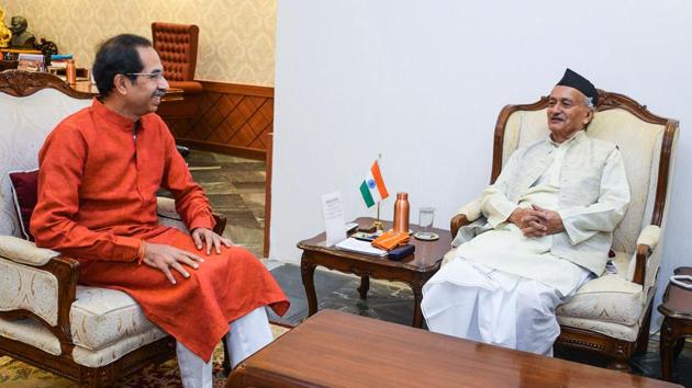 Governor Bhagat Singh Koshyari (R) holds a meeting with Maharashtra's designated chief minister, Shiv Sena Party's leader Uddhav Thackeray in Mumbai. Thackeray late on Tuesday staked his claim to form the government. The Governor accepted the claim and announced that Thackeray will be sworn-in November 28 (Thursday) at Shivaji Park. (Governor House Mumbai / AFP)