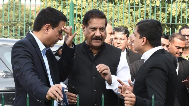 Congress leader Prithviraj Chavan with Randeep Surjewala after a hearing on the Maharashtra government formation issue at Supreme Court. The SC on November 24 commenced hearing a plea filed by the Shiv Sena-NCP-Congress combine against the Maharashtra Governor’s decision to swear in Devendra Fadnavis as CM. The petitioners had requested the Supreme Court to order a floor test to be held on Sunday itself. (Vipin Kumar / HT Photo)