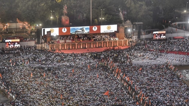 Aerial view of the stage where Uddhav Thackeray will take his oath has been designed by famous art director Nitin Desai.(Kunal Patil/ HT Photo)