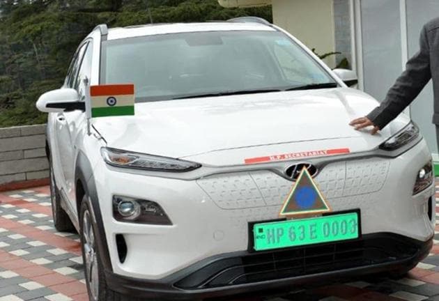 Himachal Pradesh chief minister Jai Ram Thakur’s new electric sports utility vehicle in Shimla on Thursday.(HT Photo)