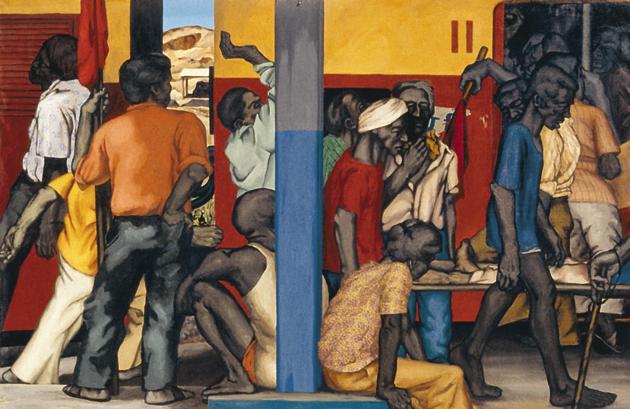 For five decades, Sudhir Patwardhan has captured city life, its everyday tensions, and the burden of surviving the metropolis they help operate. Accident on May Day is a work from the ’80s, which depicts a crowded train at a busy station, passengers and passersby carrying on, as an injured man is carried away on a stretcher.(Courtesy: The Guild)