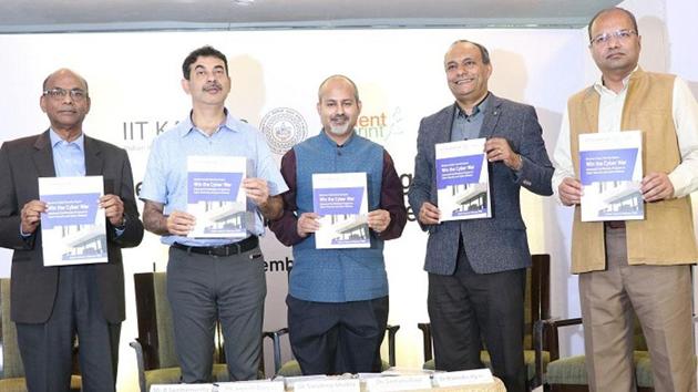 (L-R) Shri. B Sambamurthy, Independent Director, National Securities Depository Ltd.; Shri Jayesh Ranjan, IT Secretary, Govt. of Telangana; Dr. Sandeep Shukla, Professor, IIT Kanpur; Dr. Santanu Paul, Co-Founder & CEO, TalentSprint & Dr. Manindra Agrawal, Professor, IIT Kanpur; releasing the brochure of IIT Kanpur and TalentSprint partnership for the development of Cyber Security Experts to Combat Cyber Threats.(TalentSprint)