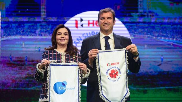 Mumbai: Football Sports Development Limited (FSDL) chairperson Nita Ambani and City Football Group CEO Ferran Soriano at a press conference in Mumbai, Thursday, Nov. 28, 2019. Manchester City owners bought majority stake in Indian Super League (ISL) side Mumbai City FC, the announcement of which was made by Nita Ambani, at a press conference today.(PTI)