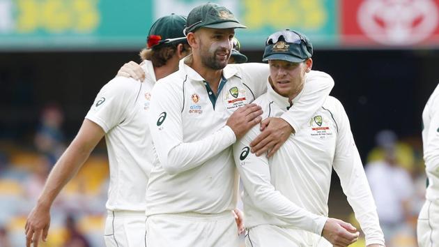 Australia's Nathan Lyon, left, and Steve Smith(AP)